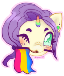 Size: 756x900 | Tagged: oc name needed, safe, artist:larvaecandy, oc, oc only, pony, unicorn, :3, blush scribble, blushing, colored eyebrows, colored eyelashes, colored horn, commission, cream coat, ear piercing, earring, gauges, green eyes, head only, horn, jewelry, long mane, mouth hold, multicolored horn, not rarity, one eye closed, open mouth, open smile, outline, pansexual pride flag, piercing, pride, pride flag, purple mane, rainbow horn, shiny mane, short horn, simple background, small horn, smiling, solo, transparent background, unicorn oc, wavy mane, wingding eyes, wink