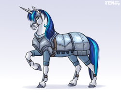 Size: 2155x1710 | Tagged: safe, artist:jenery, shining armor, horse, unicorn, g4, armor, chainmail, chanfron, gradient background, hoers, horn, horse armor, horseshoes, male, plate armor, raised hoof, smiling, solo, stallion