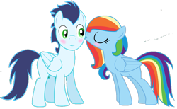 Size: 869x535 | Tagged: safe, artist:rulette, rainbow dash, soarin', pegasus, pony, g4, cheek kiss, duo, female, kissing, male, mare, ship:soarindash, shipping, simple background, stallion, straight, transparent background