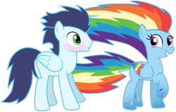 Size: 842x537 | Tagged: safe, artist:rulette, rainbow dash, soarin', pegasus, pony, g4, colored wings, duo, female, long mane, long tail, male, mare, multicolored wings, rainbow power, rainbow wings, ship:soarindash, shipping, simple background, stallion, straight, tail, transparent background, wings