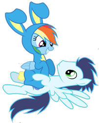 Size: 989x1222 | Tagged: safe, artist:rulette, rainbow dash, soarin', pegasus, pony, g4, animal costume, bunny costume, clothes, costume, duo, easter, easter bunny, female, grin, male, mare, ship:soarindash, shipping, simple background, smiling, stallion, straight, transparent background
