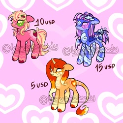 Size: 1440x1440 | Tagged: safe, artist:larvaecandy, oc, oc only, classical unicorn, earth pony, pegasus, pony, unicorn, :3, adoptable, beanbrows, big ears, blonde mane, blonde tail, blue coat, body freckles, cloven hooves, coat markings, colored eartips, colored eyebrows, colored hooves, colored wings, curly mane, earth pony oc, eye clipping through hair, eyebrows, facial markings, floppy ears, freckles, green eyes, horn, leonine tail, long mane, long tail, multicolored mane, multicolored tail, multicolored wings, neck bow, one wing out, orange coat, orange eyes, pegasus oc, pink coat, purple eyes, purple mane, purple tail, small wings, smiling, socks (coat markings), straight mane, tail, trio, unicorn oc, unshorn fetlocks, watermark, wingding eyes, wings