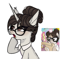 Size: 2575x2435 | Tagged: safe, artist:justsadluna, idw, raven, pony, unicorn, g4, micro-series #8, my little pony micro-series, female, glasses, hair bun, horn, looking up, magic, mare, necktie, open mouth, pondering, scroll, secretary, simple background, solo, white background