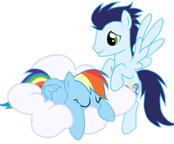 Size: 709x586 | Tagged: safe, artist:rulette, rainbow dash, soarin', pegasus, pony, g4, cloud, duo, female, male, mare, on a cloud, ship:soarindash, shipping, simple background, sleeping, sleeping on a cloud, stallion, straight, transparent background