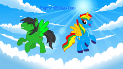 Size: 1920x1080 | Tagged: safe, artist:rogan140, oc, oc only, oc:shield wing, oc:star armour, alicorn, pegasus, pony, g4, alicorn oc, cloud, duo, horn, male, siblings, sky, sky background, wings