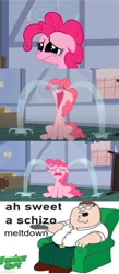Size: 500x1150 | Tagged: safe, edit, edited screencap, screencap, pinkie pie, earth pony, human, pony, baby cakes, g4, season 2, chair, comic, crying, family guy, female, male, ocular gushers, peter griffin, remote, screencap comic