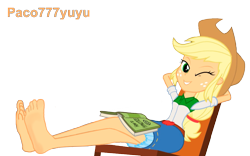 Size: 1049x656 | Tagged: safe, artist:paco777yuyu, edit, edited screencap, screencap, applejack, equestria girls, g4, applejack's hat, background removed, barefoot, book, chair, cowboy hat, feet, female, hat, leaning, leaning back, one eye closed, simple background, solo, transparent background, wink