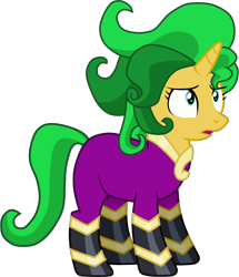 Size: 4300x5000 | Tagged: safe, artist:octosquish7260, mane-iac, sunset shimmer, pony, unicorn, g4, absurd resolution, clothes, costume, female, frown, horn, mare, open mouth, simple background, solo, transparent background, vector, wig