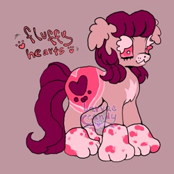 Size: 4000x4000 | Tagged: safe, artist:larvaecandy, oc, oc only, oc:fluffy hearts, earth pony, pony, :3, absurd resolution, adoptable, ambiguous gender, chest fluff, coat markings, ear fluff, earth pony oc, eyelashes, floppy ears, hoof shoes, long mane, long tail, pink coat, pink eyes, purple background, purple mane, purple tail, red text, simple background, smiling, solo, tail, text, watermark, wingding eyes