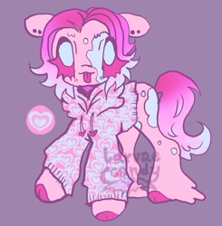 Size: 3008x3074 | Tagged: safe, artist:larvaecandy, oc, oc only, unnamed oc, earth pony, pony, :3, :p, adoptable, ambiguous gender, big eyes, blue eyes, cloven hooves, colored hooves, colored sclera, ear piercing, earring, earth pony oc, eye clipping through hair, eyelashes, fetlock tuft, gradient mane, gradient tail, high res, jewelry, long tail, multicolored mane, multicolored tail, piercing, pink coat, pink sclera, purple background, short mane, simple background, smiling, solo, standing, tail, tongue out, watermark