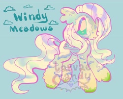 Size: 3852x3106 | Tagged: safe, artist:larvaecandy, oc, oc only, oc:windy meadows, pegasus, pony, adoptable, blue background, blue text, colored hooves, colored wings, ear fluff, eyelashes, floppy ears, folded wings, frown, gradient coat, gradient legs, high res, leg fluff, multicolored coat, multicolored mane, multicolored tail, not fluttershy, pegasus oc, profile, simple background, sky mane, sky tail, small wings, solo, tail, teal eyes, text, two toned wings, unshorn fetlocks, watermark, wings