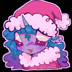 Size: 1080x1080 | Tagged: safe, artist:larvaecandy, izzy moonbow, pony, unicorn, g5, :3, big eyes, black background, blush scribble, blushing, bust, christmas, clothes, coat, colored horn, commission, costume, curly mane, eye clipping through hair, female, gradient mane, hat, holiday, horn, long mane, looking at you, maer, mare, open mouth, open smile, outline, purple eyes, santa costume, santa hat, shiny eyes, signature, simple background, smiling, smiling at you, solo, unicorn horn, wingding eyes, ych result