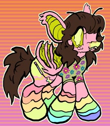 Size: 3336x3832 | Tagged: safe, artist:larvaecandy, oc, oc only, oc:batty mcbatterson, bat pony, pony, antennae, bat pony oc, big ears, big eyes, blush scribble, blushing, brown mane, brown tail, clothes, colored muzzle, colored pinnae, colored sclera, colored wings, ear tufts, eye clipping through hair, fangs, gradient background, green eyes, green sclera, long mane, long socks, long tail, looking at you, outline, partially open wings, patterned background, pink coat, rainbow socks, sharp teeth, smiling, smiling at you, socks, solo, striped socks, tail, teeth, two toned wings, veiny wings, wings