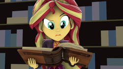 Size: 1920x1080 | Tagged: safe, artist:ontheedgeht, sunset shimmer, human, equestria girls, g4, 3d, book, bookshelf, confused, female, solo
