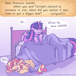 Size: 2166x2166 | Tagged: safe, artist:overlordneon, sunset shimmer, twilight sparkle, alicorn, pony, g4, alicornified, ask, bed, bed mane, duo, duo female, eyes closed, female, floppy ears, lesbian, mare, messy mane, onomatopoeia, open mouth, open smile, race swap, shimmercorn, ship:sunsetsparkle, shipping, smiling, sound effects, twilight sparkle (alicorn), zzz