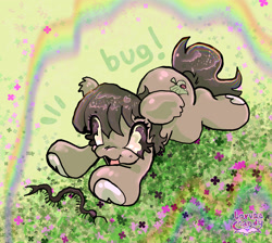 Size: 2048x1833 | Tagged: safe, artist:larvaecandy, oc, oc only, unnamed oc, centipede, earth pony, pony, :3, abstract background, ambiguous gender, art trade, brown coat, brown eyes, brown mane, brown tail, colored hooves, earth pony oc, eye clipping through hair, eyebrows, eyebrows visible through hair, eyeshadow, grass, hoof heart, lying down, makeup, open mouth, open smile, prone, rainbow, short mane, signature, smiling, solo, sparkles, tail, underhoof, wingding eyes