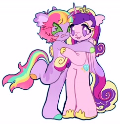 Size: 3988x4096 | Tagged: oc name needed, safe, artist:larvaecandy, princess cadance, oc, alicorn, unicorn, semi-anthro, g4, :3, ><, absurd resolution, ahoge, ambiguous gender, beanbrows, canon x oc, colored eyelashes, colored hooves, colored pinnae, colored wings, commission, crown, curly mane, curly tail, curved horn, duo, ear fluff, eye clipping through hair, eyebrows, eyebrows visible through hair, eyes closed, floppy ears, gradient wings, hoof shoes, hooves, horn, hug, jewelry, long mane, long tail, multicolored hair, multicolored hooves, multicolored mane, multicolored tail, open mouth, open smile, outline, partially open wings, pink coat, princess shoes, purple coat, rainbow hair, rainbow tail, raised leg, regalia, short mane, simple background, smiling, tail, tiara, two toned wings, unicorn horn, unicorn oc, wall of tags, white background, wings, ych result