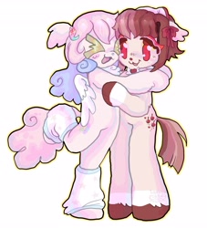 Size: 3721x4096 | Tagged: oc name needed, safe, artist:larvaecandy, oc, oc only, earth pony, pegasus, pony, semi-anthro, :3, ><, ambiguous gender, arm fluff, blush scribble, blushing, bow, chest fluff, clothes, coat markings, colored eyelashes, colored hooves, colored wings, commission, curly mane, curly tail, duo, ear fluff, earth pony oc, eye clipping through hair, eyes closed, eyeshadow, floppy ears, folded wings, hair accessory, hair bow, hairclip, high res, hug, leg warmers, lidded eyes, long mane, long tail, looking at each other, looking at someone, makeup, oc x oc, open mouth, open smile, outline, pegasus oc, pink coat, pink tail, raised leg, red eyes, shipping, simple background, smiling, smiling at each other, socks (coat markings), straight mane, straight tail, tail, two toned mane, two toned tail, unshorn fetlocks, white background, wingding eyes, wings, ych result