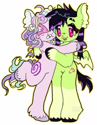 Size: 3181x4096 | Tagged: oc name needed, safe, artist:larvaecandy, oc, oc only, bat pony, pony, semi-anthro, :3, ><, ahoge, ambiguous gender, bat pony oc, big ears, blush scribble, blushing, coat markings, colored eyelashes, colored hooves, colored mouth, colored pinnae, colored wings, commission, curly mane, curly tail, duo, ear fluff, ear piercing, earring, eye clipping through hair, eyebrow slit, eyebrows, eyes closed, eyeshadow, fangs, floppy ears, green coat, heterochromia, high res, jewelry, lidded eyes, long mane, makeup, multicolored mane, multicolored tail, oc x oc, open mouth, open smile, piercing, pink eyes, purple coat, scene hair, shipping, short tail, simple background, small wings, smiling, socks (coat markings), spread wings, straight mane, straight tail, tail, two toned mane, two toned tail, two toned wings, unshorn fetlocks, unusual pupils, wall of tags, white background, wings, ych result