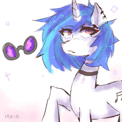 Size: 1280x1280 | Tagged: safe, artist:inxinfate, dj pon-3, vinyl scratch, pony, unicorn, g4, choker, ear piercing, earring, eye clipping through hair, female, helix piercing, horn, jewelry, mare, piercing, raised hoof, signature, simple background, solo, vinyl's glasses, white background
