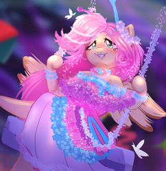Size: 2558x2646 | Tagged: safe, artist:peanutfrogy, fluttershy, butterfly, pegasus, pony, semi-anthro, g4, antennae, beautiful, blushing, choker, clothes, cute, dress, fangs, female, flower, flowing mane, glitter, lace, pearl, pretty, raised leg, shyabetes, smiling, solo, sparkly eyes, sparkly mane, swing, swinging, the discord zone, wingding eyes