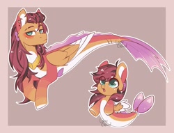 Size: 2048x1563 | Tagged: safe, artist:lazycloud, oc, oc only, oc:amo, hybrid, pegasus, pony, seapony (g4), ahoge, braid, coat markings, colored hooves, colored pinnae, colored wings, colored wingtips, ear piercing, earring, eyebrow slit, eyebrows, facial markings, fish tail, folded wings, freckles, gradient legs, gray background, hybrid oc, jewelry, leg freckles, lidded eyes, long mane male, looking at you, male, pale belly, passepartout, peytral, piercing, simple background, solo, spread wings, stallion, star (coat marking), tail, tail beads, teal eyes, unamused, wings
