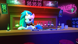 Size: 4096x2304 | Tagged: safe, artist:vinyl94, dj pon-3, vinyl scratch, pony, unicorn, g4, 3d, bottle, dj booth, headphones, horn, looking at you, solo, source filmmaker, speaker