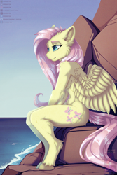 Size: 4000x6000 | Tagged: safe, artist:froxifox, fluttershy, pegasus, anthro, unguligrade anthro, g4, artistic nudity, belly button, breasts, ear fluff, female, nudity, ocean, reasonably sized breasts, sad, sitting, solo, unshorn fetlocks, water, wings