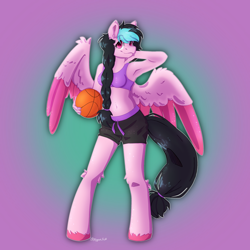 Size: 3000x3000 | Tagged: safe, artist:pidgeon_fluff, oc, oc only, oc:galactic lights, pegasus, anthro, unguligrade anthro, basketball, belly button, braid, clothes, commissioner:rainbowdash69, gradient background, midriff, pegasus oc, shorts, solo, sports, sports shorts