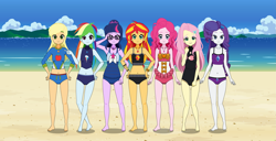 Size: 2935x1500 | Tagged: safe, artist:neoduelgx, applejack, fluttershy, pinkie pie, rainbow dash, rarity, sci-twi, sunset shimmer, twilight sparkle, human, equestria girls, g4, adorasexy, applejack's beach shorts swimsuit, beach, beach shorts swimsuit, belly button, bikini, clothes, cute, female, fluttershy's beach shorts swimsuit, glasses, group, humane five, humane seven, humane six, kisekae, looking at you, midriff, ocean, rainbow dash's beach shorts swimsuit, rarity's beach shorts swimsuit, rarity's purple bikini, sexy, summer, sunset shimmer's beach shorts swimsuit, swimsuit, water