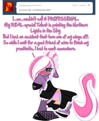 Size: 700x850 | Tagged: artist needed, safe, oc, oc only, oc:northern lights, oc:tech spec, ask, blushing, clothes, french maid, lore, maid, simple background, transparent background, tumblr
