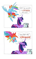 Size: 1080x1745 | Tagged: safe, artist:pocketss, rainbow dash, twilight sparkle, pegasus, pony, unicorn, g4, 2 panel comic, comic, cringing, dialogue, duo, duo female, female, jeff the killer, lidded eyes, lying down, mare, meme, prone, simple background, speech bubble, tablet, unicorn twilight, watching, white background