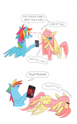 Size: 1080x1745 | Tagged: safe, artist:pocketss, fluttershy, rainbow dash, pegasus, pony, g4, 2 panel comic, cellphone, comic, dialogue, duo, duo female, eyes closed, female, hair over one eye, hoof hold, lying down, mare, on side, phone, simple background, smartphone, speech bubble, torture, white background