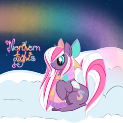 Size: 800x800 | Tagged: artist needed, safe, oc, oc only, oc:northern lights, pegasus, aurora borealis, bandage, blue eyes, bow, clothes, female, hair bow, pegasus oc, scarf, snow, solo