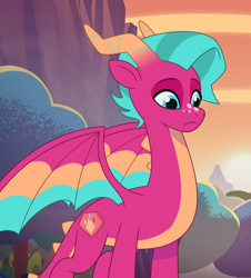 Size: 978x1080 | Tagged: safe, screencap, blaize skysong, dragon, g5, my little pony: tell your tale, the blockywockys, spoiler:g5, spoiler:my little pony: tell your tale, spoiler:tyts02e00, cropped, dragoness, female, solo, the isle of scaly (location)