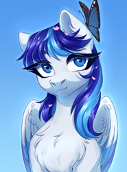 Size: 2224x3000 | Tagged: safe, artist:nika-rain, oc, oc only, oc:snowflake flower, butterfly, pegasus, pony, cute, female, gradient background, not gleaming shield, not shining armor, sketch, sky, solo