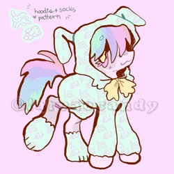 Size: 4000x4000 | Tagged: safe, artist:larvaecandy, oc, oc only, unnamed oc, earth pony, pony, rabbit, :3, absurd resolution, adoptable, ambiguous gender, animal, beanbrows, bunny hood, earth pony oc, eyebrows, eyebrows visible through hair, eyelashes, hoof shoes, multicolored hair, multicolored mane, multicolored tail, onesie, pink background, pink coat, pink eyes, rainbow hair, rainbow tail, raised leg, simple background, smiling, solo, standing, tail, wingding eyes