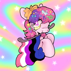 Size: 1200x1200 | Tagged: oc name needed, safe, artist:larvaecandy, oc, oc only, earth pony, pony, abstract background, beanbrows, blush scribble, blushing, bow, bust, commission, earth pony oc, eye clipping through hair, eyebrows, eyebrows visible through hair, genderfluid, genderfluid pride flag, hair accessory, hair bow, hairclip, holding flag, mouth hold, pink coat, pride, pride flag, profile, raised hooves, smiling, solo, sparkly eyes, two toned mane, wingding eyes, ych result, yellow eyes