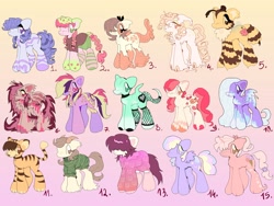 Size: 4096x3072 | Tagged: safe, artist:larvaecandy, oc, oc only, oc:crab pond, oc:kitty, unnamed oc, bat pony, bee pony, earth pony, original species, pegasus, plush pony, pony, unicorn, :3, :<, adoptable, animal costume, antennae, bald tail, bat nose, bat pony oc, bell, bell collar, belly fluff, blonde mane, blonde tail, bow, braid, braided pigtails, braided tail, brown eyes, brown mane, brown tail, cat collar, cat costume, cheek fluff, chest fluff, clothes, cloven hooves, coat markings, collar, colored belly, colored eartips, colored fetlocks, colored hooves, colored horns, colored mouth, colored muzzle, colored pinnae, colored wings, costume, cream coat, curly mane, curly tail, curved horn, ear tufts, earth pony oc, eye clipping through hair, eyelashes, fangs, featherless wings, fetlock tuft, fish tail, fishnet clothing, floppy ears, food, frown, gradient background, green eyes, group, hair bow, hair over eyes, heart nose, high res, hoodie, horn, horns, hybrid oc, insect wings, lavender coat, lidded eyes, long mane, long socks, long tail, messy mane, messy tail, mint coat, multicolored eyes, multicolored mane, multicolored tail, no mouth, onesie, open mouth, open smile, orange coat, orange eyes, pale belly, paw socks, pegasus oc, pigtails, pink coat, pink eyes, plushie, ponytail, profile, purple coat, purple eyes, purple mane, purple tail, ram horns, red eyes, red mane, red tail, ringlets, shirt, short tail, skirt, small wings, smiling, socks, socks (coat markings), sparkly eyes, splotches, spread wings, standing, stinger, striped, striped socks, stripes, sweater, tail, taiyaki, tan coat, tied mane, tied tail, transparent wings, turtleneck, turtleneck sweater, two toned mane, two toned tail, two toned wings, unicorn oc, unshorn fetlocks, veiny wings, wall of tags, wavy mouth, wingding eyes, wings, yellow coat