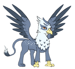 Size: 1226x1134 | Tagged: safe, artist:multiverseequine, derpibooru exclusive, oc, oc only, oc:kreggia, griffon, pony, chest fluff, colored, colored wings, daybreak island, full body, griffon oc, leonine tail, male, paws, quadrupedal, simple background, solo, spots, spread wings, tail, transparent background, two toned wings, wings