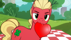 Size: 2386x1340 | Tagged: safe, artist:true sprout, artist:vitariel, sprout cloverleaf, oc, oc only, oc:true sprout, earth pony, pony, g4, g5, alternate universe, bedroom eyes, clover, four-leaf clover, g5 to g4, generation leap, green eyes, heart, nom, park, picnic, picnic blanket, solo