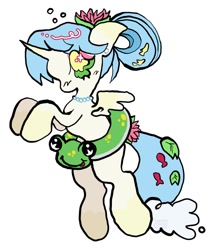 Size: 1028x1200 | Tagged: oc name needed, safe, artist:larvaecandy, oc, oc only, alicorn, fish, alicorn oc, ambiguous gender, blue mane, blue tail, blush scribble, blushing, bubble, colored sclera, commission, cream coat, floaty, green sclera, horn, jewelry, lilypad, necklace, no mouth, pearl necklace, ponytail, pool toy, rearing, shiny mane, simple background, small wings, solo, spread wings, tail, tied mane, two toned eyes, water mane, water tail, white background, wings, ych result, yellow eyes