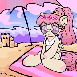 Size: 1080x1080 | Tagged: oc name needed, safe, artist:larvaecandy, oc, oc only, pegasus, pony, semi-anthro, :<, ambiguous gender, beach, beach towel, clothes, colored hooves, commission, cream coat, day, detailed background, ear piercing, earring, frown, glasses, jewelry, long mane, long tail, partially open wings, pegasus oc, piercing, pink mane, pink tail, ponytail, purple eyes, sandcastle, shiny mane, sitting, small wings, solo, sparkly eyes, swimsuit, tail, tied mane, two-piece swimsuit, wingding eyes, wings, ych result
