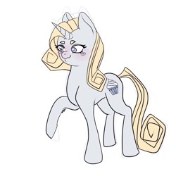 Size: 2048x2048 | Tagged: safe, artist:sugar lollipop, oc, oc only, unicorn, blonde, blonde hair, blue eyes, blushing, cupcake, cute, cute face, cute smile, female, food, horn, not rarity, request, requested art, simple background, transparent background, unicorn oc