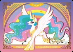 Size: 850x606 | Tagged: safe, princess celestia, alicorn, pony, series:卡游友谊绘影, g4, official, card, chinese, english, female, kayou, mare, merchandise, solo, text