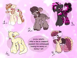 Size: 4000x3000 | Tagged: safe, artist:larvaecandy, oc, oc only, unnamed oc, deer, deer pony, earth pony, hybrid, original species, scorpion, scorpion pony, snake, snake pony, unicorn, :3, abstract background, adoptable, ambiguous gender, back fluff, belly fluff, blaze (coat marking), boa constrictor, bow, brown coat, brown eyes, butt fluff, chest fluff, claws, clothes, coat markings, collar, colored eartips, colored eyelashes, colored hooves, colored horn, colored muzzle, colored pinnae, cream coat, curly mane, curly tail, ear fluff, ear piercing, earring, earth pony oc, eye clipping through hair, eyelashes, eyeshadow, facial markings, fanged deer, fangs, floppy ears, forked tongue, group, hair bow, horn, hybrid oc, jacket, jewelry, leg fluff, leg warmers, lidded eyes, long mane, long tail, makeup, multicolored mane, no mouth, open mouth, piercing, pink coat, pink eyes, profile, scorpion tail, sextet, shiny mane, shiny tail, skirt, slit pupils, smiling, socks (coat markings), spiked collar, standing, sweater, tail, text, tongue out, turtleneck, turtleneck sweater, two toned eyes, two toned mane, two toned tail, unicorn horn, unicorn oc, unshorn fetlocks, wall of tags, wavy mane, wavy mouth, wavy tail, wingding eyes, yellow eyes