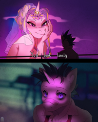 Size: 1776x2208 | Tagged: safe, artist:blackrabbitshone, princess cadance, shining armor, alicorn, unicorn, anthro, g4, bandaid, bandaid on nose, blade runner 2049, crossing the memes, duo, duo male and female, female, hand on cheek, horn, horn ring, lidded eyes, male, mare, meme, messy mane, ring, ship:shiningcadance, shipping, smiling, stallion, straight, the bride and the ugly ass groom, veil, wedding veil