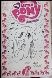 Size: 1266x1886 | Tagged: safe, artist:debmervin, idw, pinkie pie, earth pony, pony, g4, micro-series #5, my little pony micro-series, black and white, comic cover, female, grayscale, mare, monochrome, my little pony logo, pinkamena diane pie, sketch cover