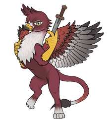 Size: 1712x1931 | Tagged: safe, artist:multiverseequine, derpibooru exclusive, oc, oc only, oc:dagrim, griffon, pony, bipedal, chest fluff, claws, colored, colored wings, dagger, full body, griffon oc, grin, hand on chest, leonine tail, looking at you, male, non-pony oc, paws, raised leg, red body, red coat, simple background, smiling, solo, spread wings, tail, transparent background, two toned wings, weapon, white wings, wings