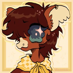Size: 1971x1971 | Tagged: safe, artist:larvaecandy, oc, oc only, oc:brownie, clydesdale, earth pony, pony, bandana, big eyes, blaze (coat marking), brown coat, brown mane, coat markings, colored muzzle, colored pinnae, colored sclera, commission, ear fluff, ear piercing, earring, eye clipping through hair, eyebrows, eyebrows visible through hair, facial markings, freckles, icon, jewelry, neckerchief, outline, passepartout, piercing, profile, profile picture, shiny mane, short mane, signature, simple background, smiling, solo, sparkly eyes, teal eyes, teal sclera, wingding eyes, yellow background